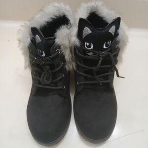 Fabkids Black Cat Winter Boots with Gray Fur